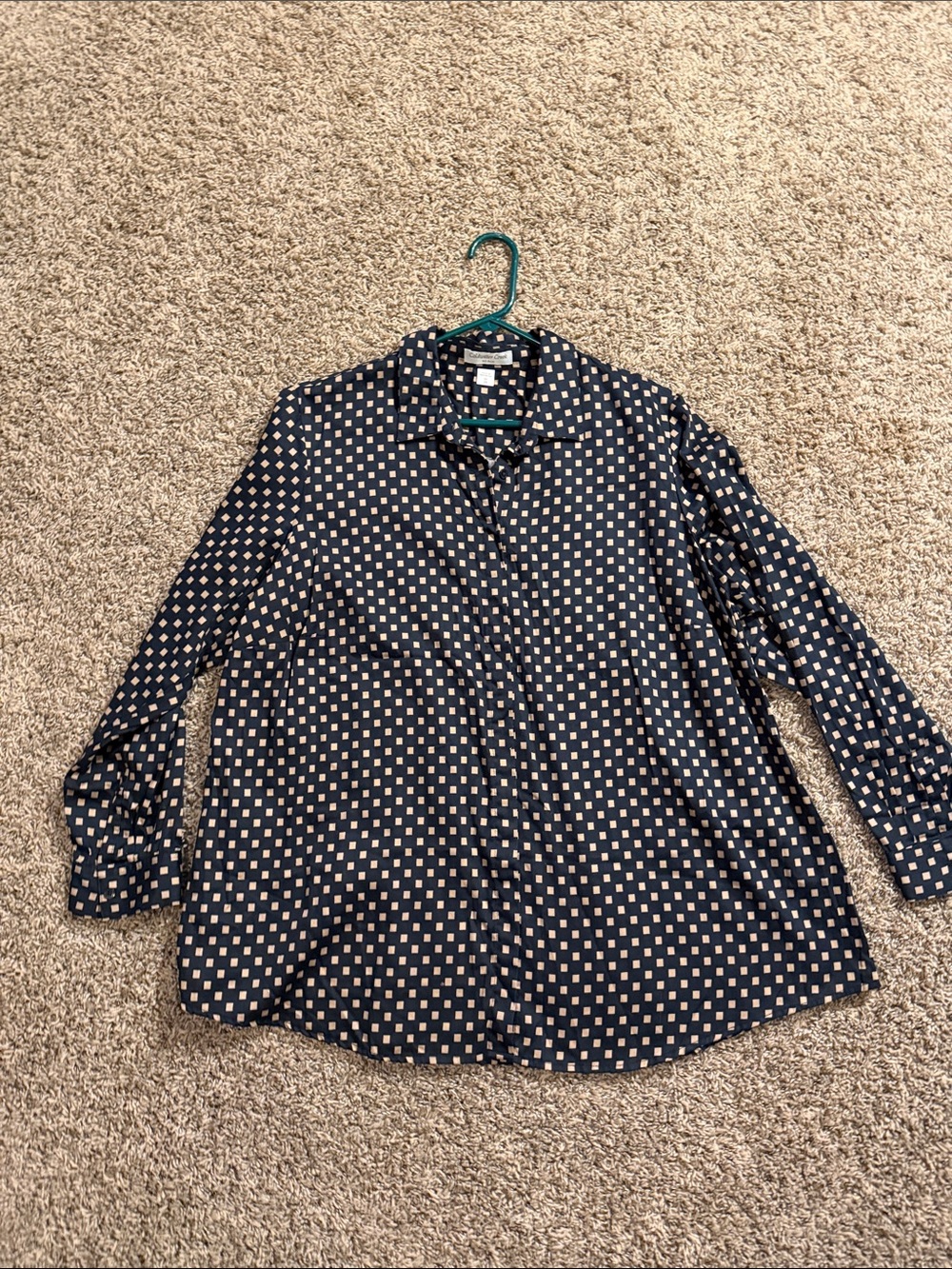 Coldwater Creek Navy Blue Button-Down Shirt with Cream Square Print